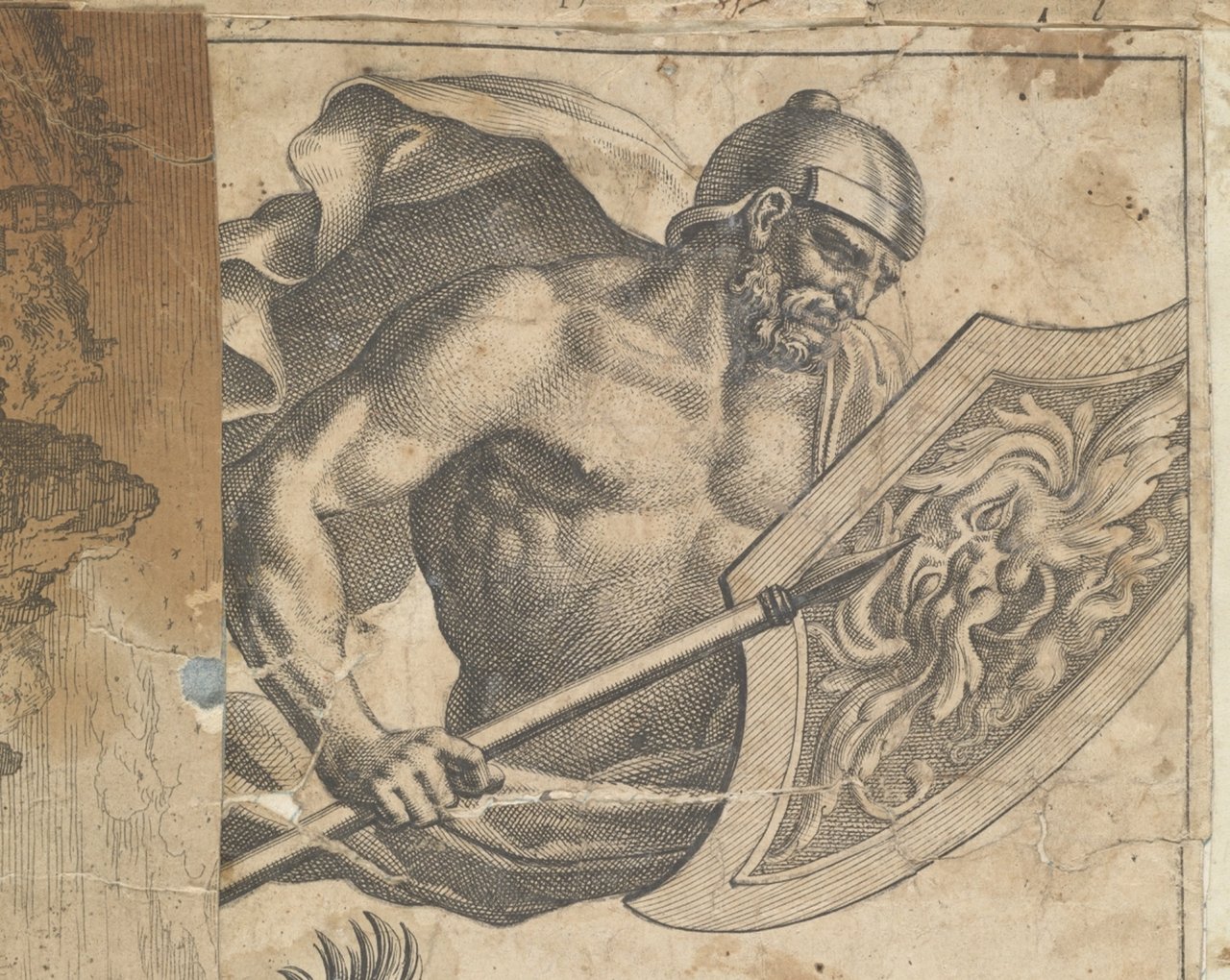 Classical engraving of four soldiers with spears and shields
