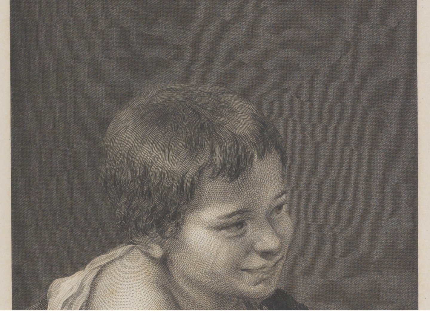 Classical engraving of a young boy resting on a ledge